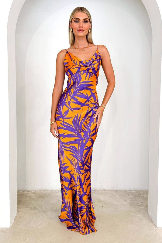 Purple Print V-neck Slim Maxi Dress