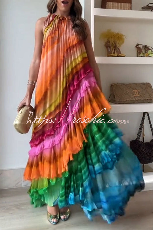 Rosha Georgette Crepe Tie-dye Print Layered Ruffles A-line Maxi Dress