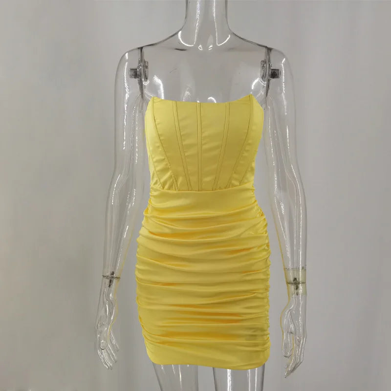 Satin Strapless Ruched Dress for Summer Off-shoulder Sleeveless Bodycon Party Clubwear Mini Dresses Vestidos