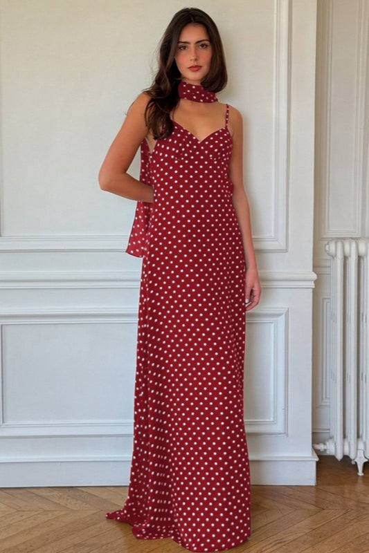 Polka Dot V-neck Backless Cami Maxi Dress