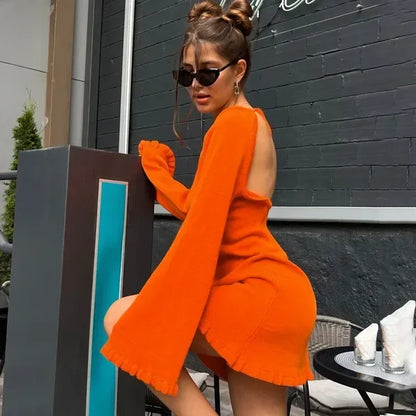 Knitted Backless Mini Dress for Lace Up Loose Short Dresses Hot Club High Waist Dress Femme