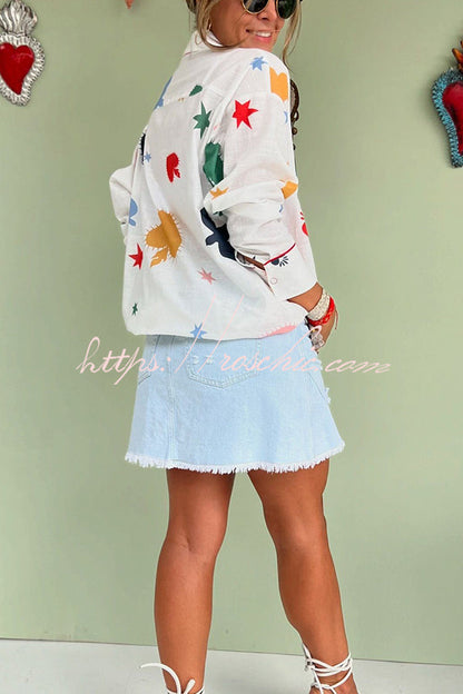 Cue the Sunshine Linen Blend Unique Print Button Long Sleeve Loose Blouse