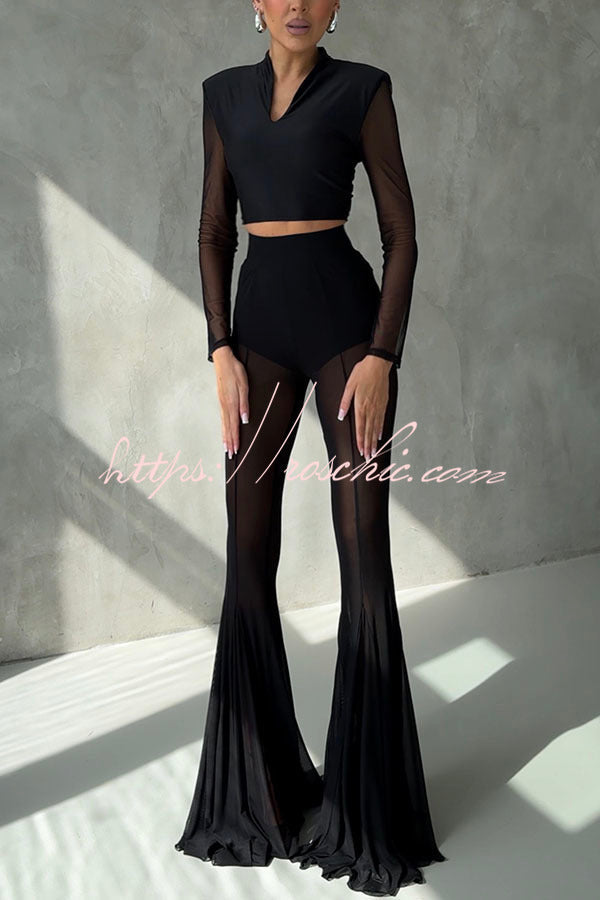 Deep Mesh High Rise Elastic Waist Fishtail Stretch Pants