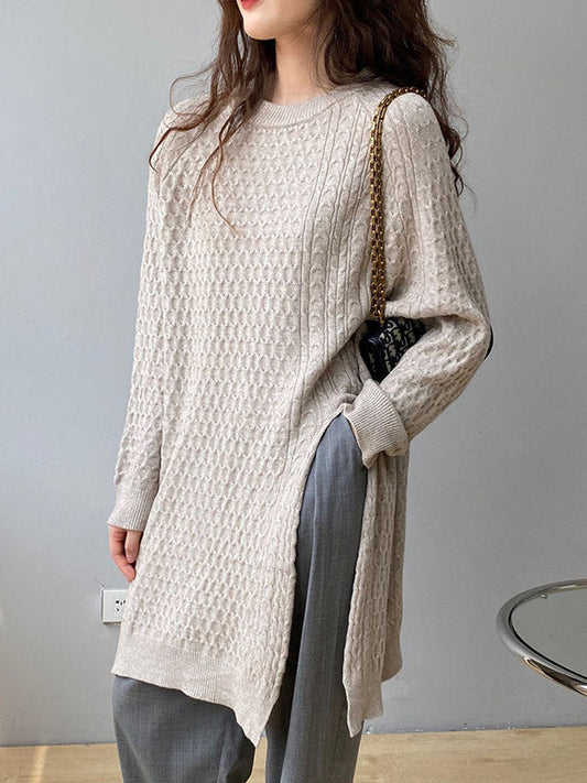 Retro Oatmeal Round-neck Split-side Long Sleeve Twist Knit Sweater An1045