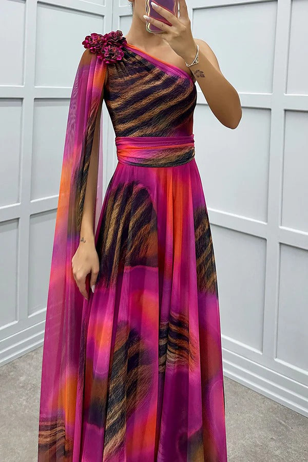 Lucia Unique Print Detail One Shoulder Draped Sleeve Gown Maxi Dress