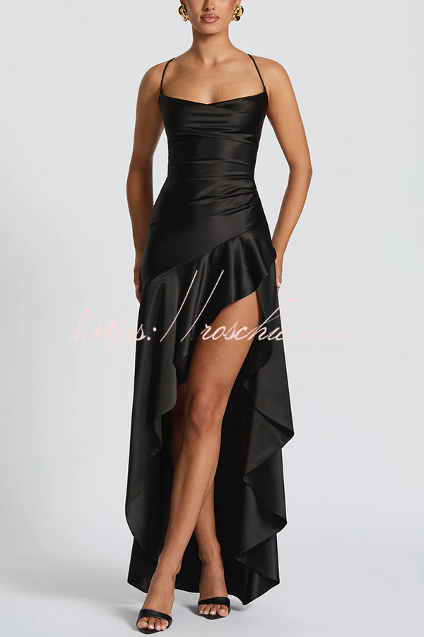 Color Backless Lace-up Irregular Ruffled Maxi Dress