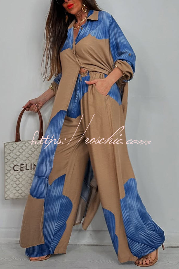 Unique Printed Loose Long Shirt and Elastic Waist Pocket Wide Leg Pants Set
