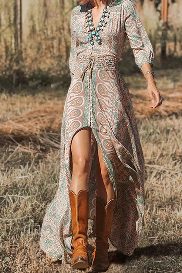Printed V-neck Long Sleeve Maxi Dress