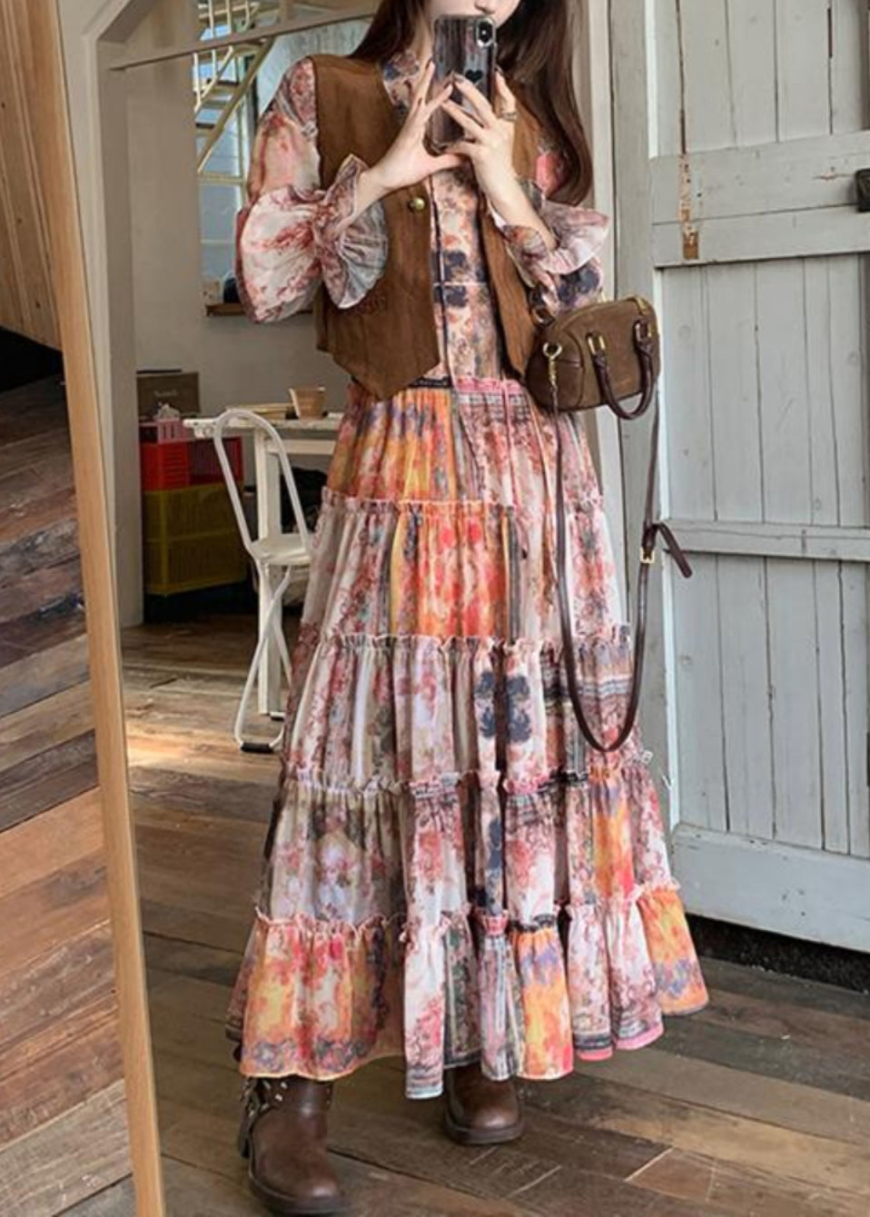Dress Brown and Ruffled Suede Faux Waistcoat Two-piece