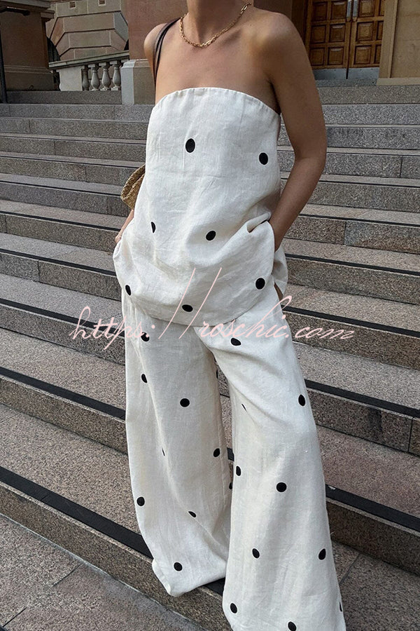 Linen Blend Polka Dot Bandeau Top and Elastic Waist Pocket Wide Leg Pants Set