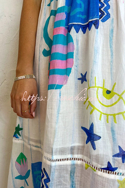 She's the Fun Linen Blend Playful Print Ladder Trim Midi Dress