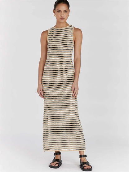 Striped See-through Long Dress Female Sleeveless High Waist Patchwork Beach Dress Knit Maxi Dress Summer
