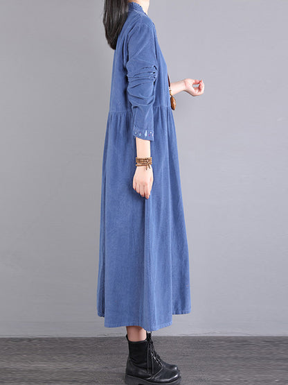 Corduroy Long Sleeves A-line Embroidered Round-neck Midi Dresses