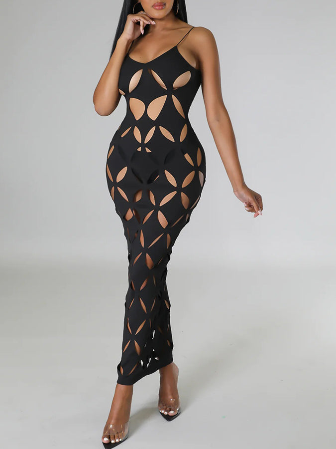 Black Laser-cut Maxi Dress Cover-up and Black Bikini