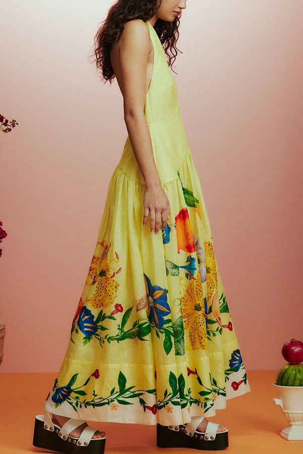 Print Halterneck Open Back Full Hem Maxi Dress