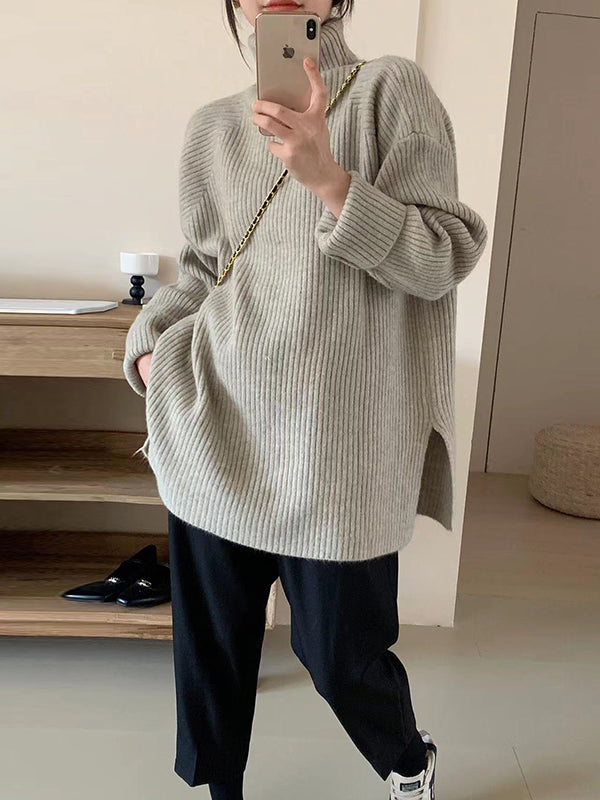 Simple Blue High Neck Split-side Long Sleeve Sweater Qx013