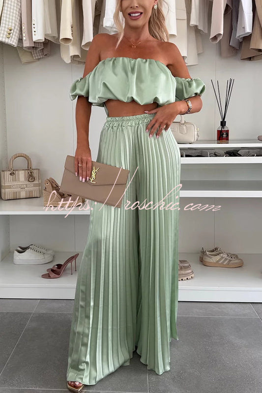 Jorie Satin Off Shoulder Puff Sleeve Crop Top and Elastic Waist Pleated Wide Leg Pants Set