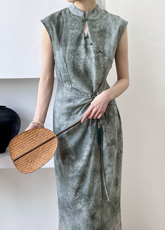 New Grey Button Lace Up Silk Cotton Long Dress Summer Af1012