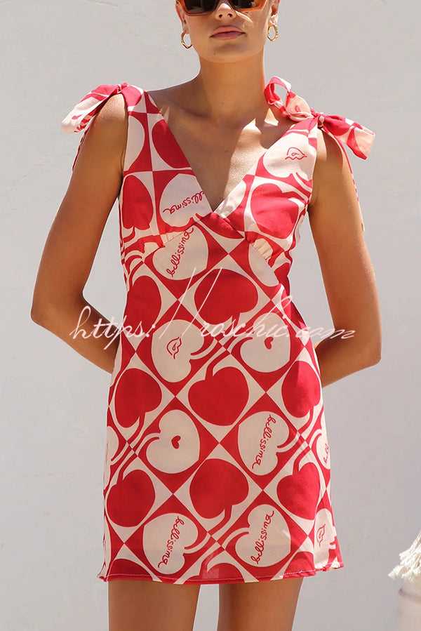 Unique Print Sleeveless V-neck Lace-up Mini Dress
