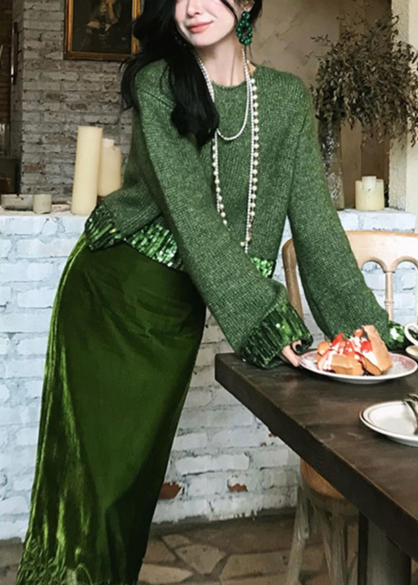 Green Hollow Out Cotton Knit Sweaters and Maxi Skirts Two Piece Set Winter Wv002