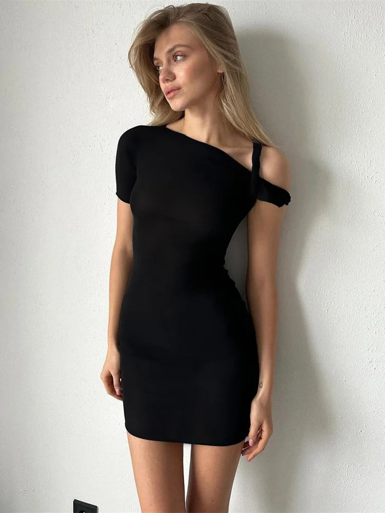 Off-shoulder Bandage Summer Mini Dress for One-shoulder Slim Patchwork Y2k Dress Female Mini Dress
