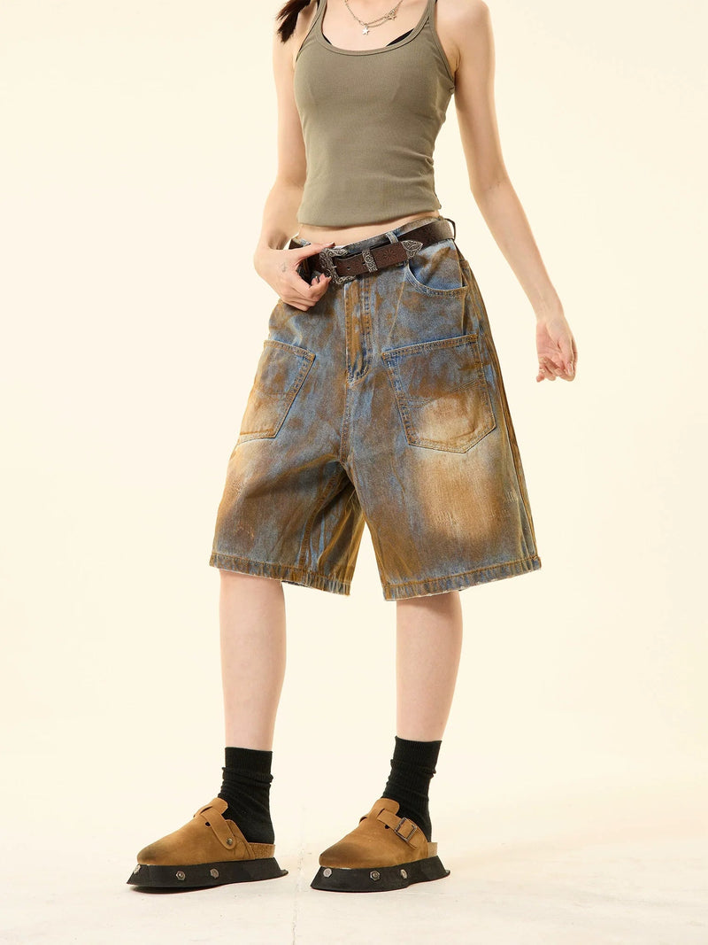 Distressed Denim Oversized Pocket Shorts
