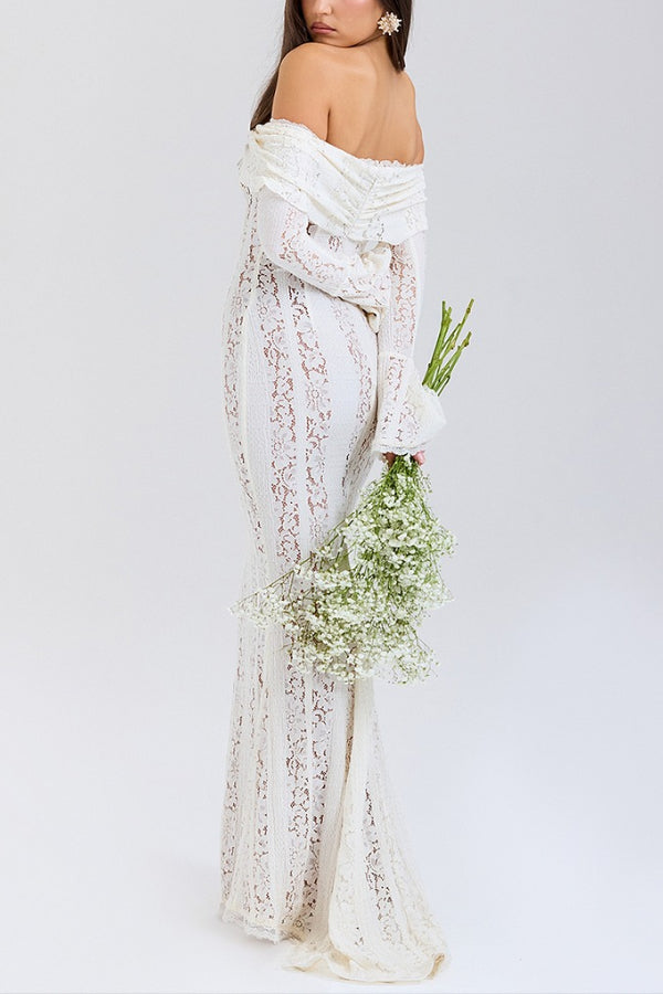 Lace Off Shoulder Flare Sleeve Fishtail Maxi Dresses-white