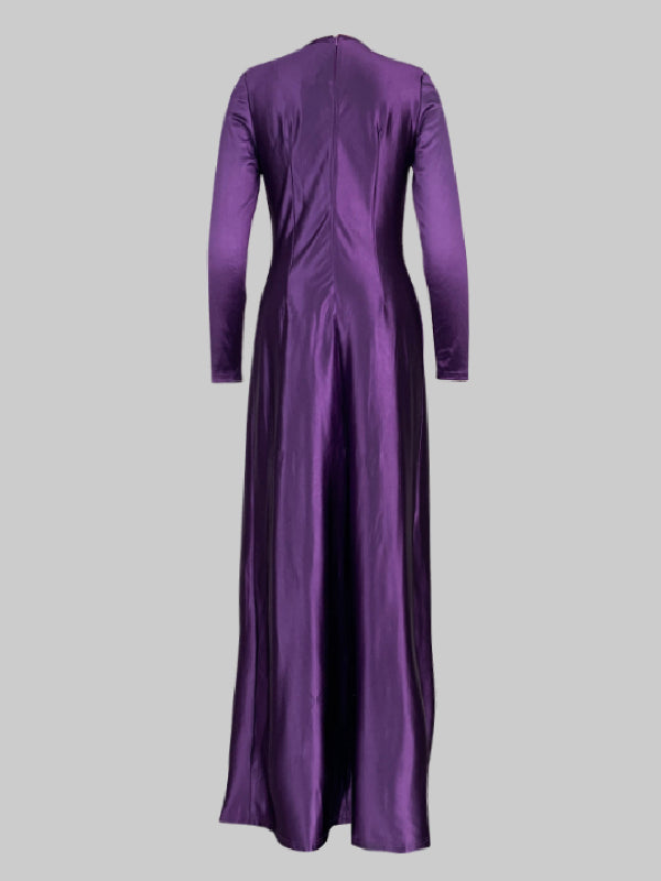 Color Bodycon Long Sleeves Pleated Split-front Tied Waist Deep V-neck Maxi Dresses
