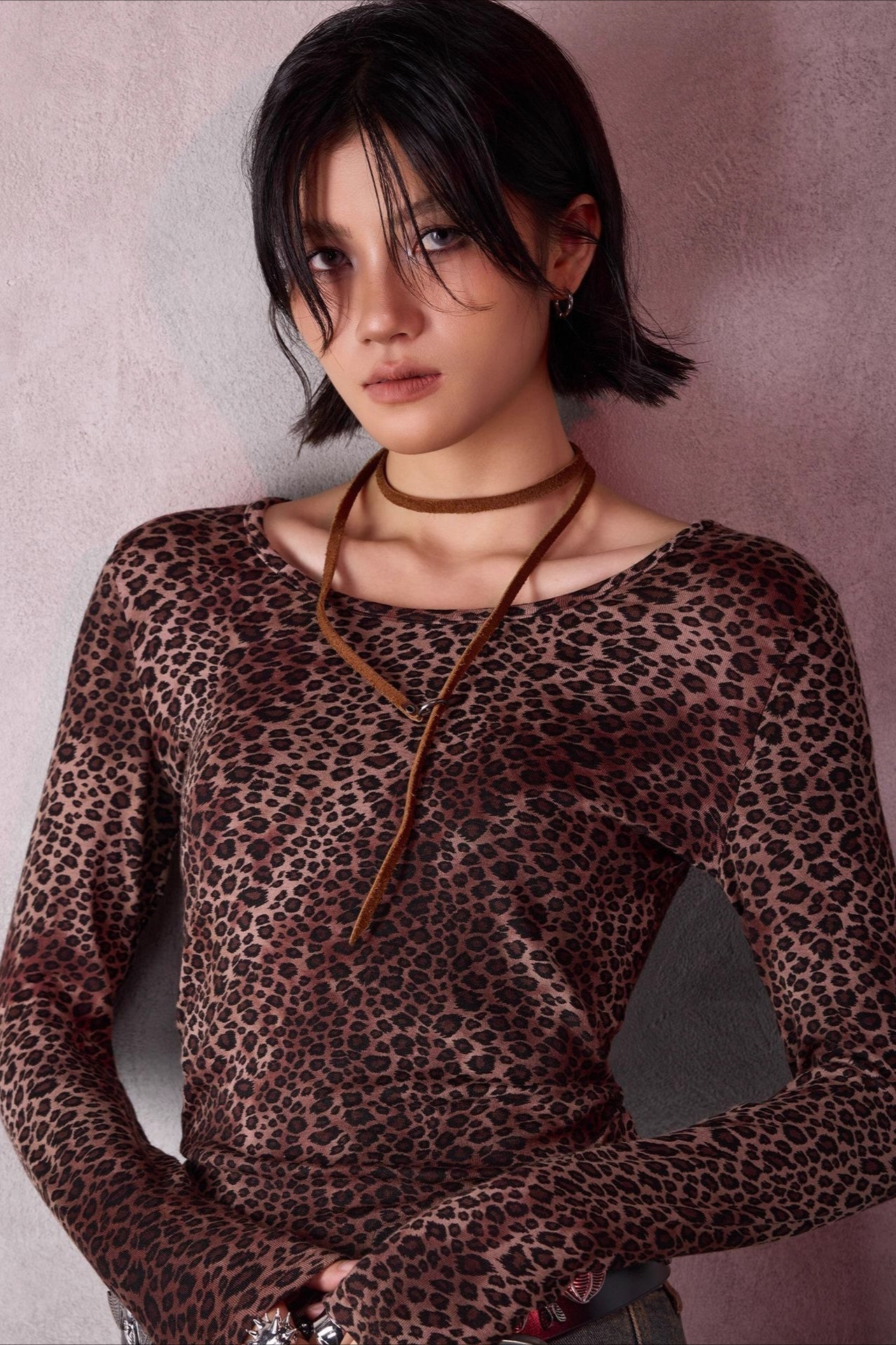 Leopard Print U-neck Slim Long-sleeve Blouse