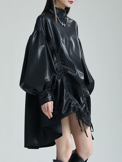 High-low Long Sleeves Drawstring Pleated Color Stand Collar Mini Dresses