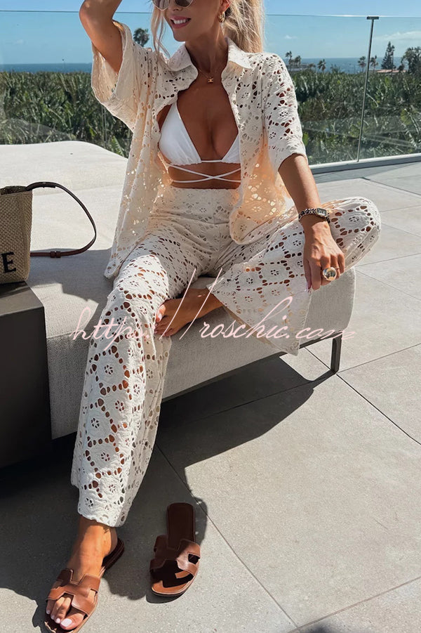 Holiday Crochet Flowers Lace Short Sleeve Shirt and Elastic Waist Wide Leg Pants Set