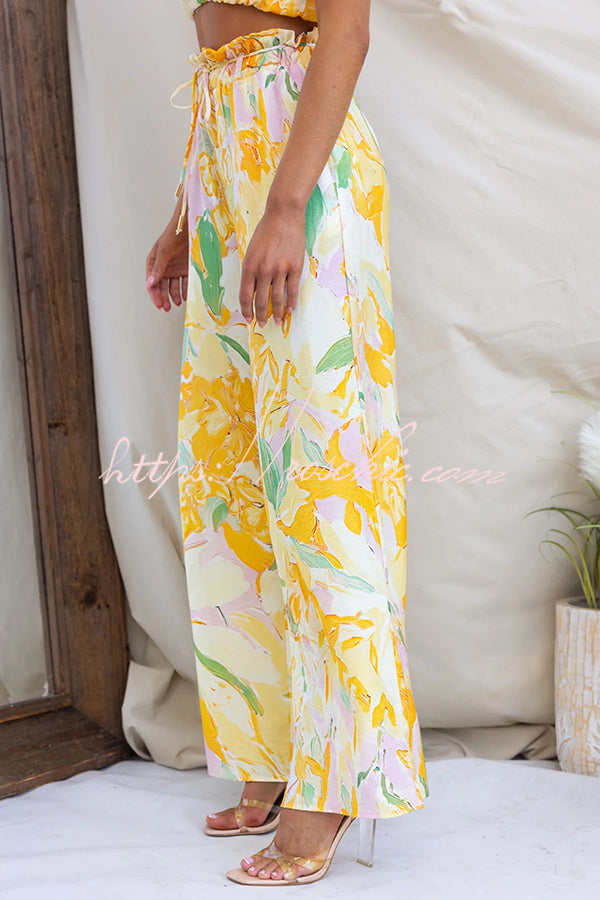 Soleila Print One Shoulder Tie-up Crop Top and Elastic Waist Pocket Loose Pants Set