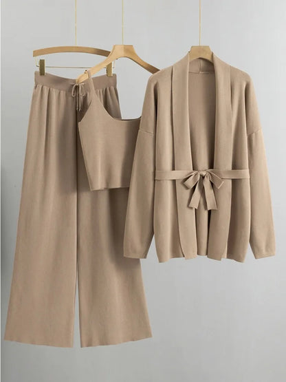 Autumn Knit 3 Piece-set for Outfits Lace-up Vest Outwear Wide Leg Trousers Outfits Pleated Sets