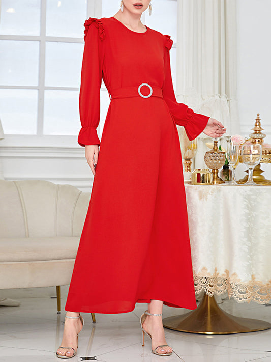 Ruffle Sleeves Belted Color Round-neck Maxi Dresses