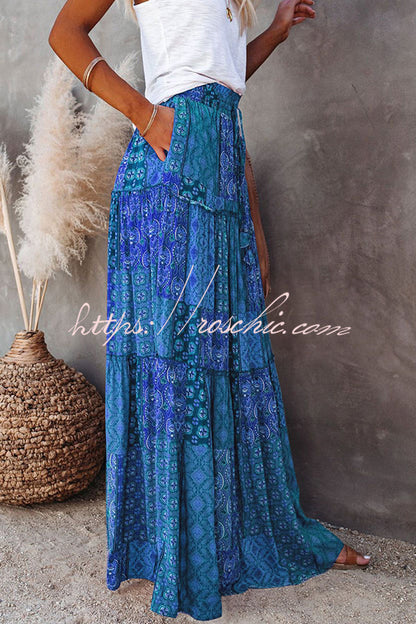 Print Stretch Elastic Waist Pocket High Waist Skirt