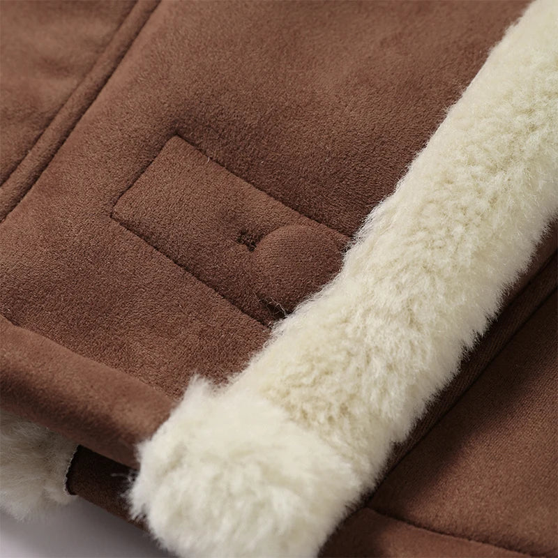 Lamb Woolen Spliced Warm Coat for Side Buttons Lapel Full Sleeve Jackets Lady Autumn Winter Thick Outwear
