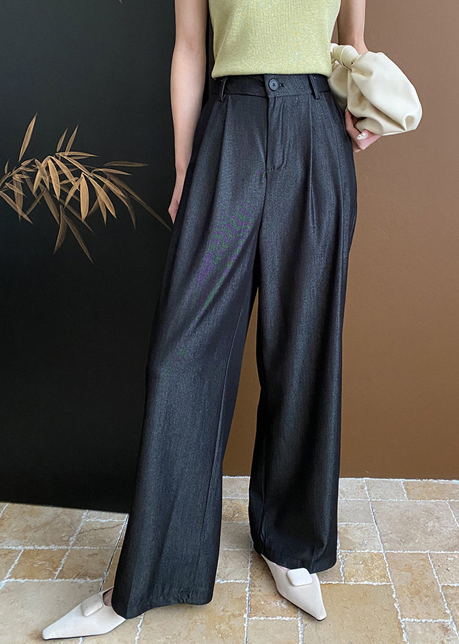 Black Pockets Cotton Wide Leg Pants Summer Wd003