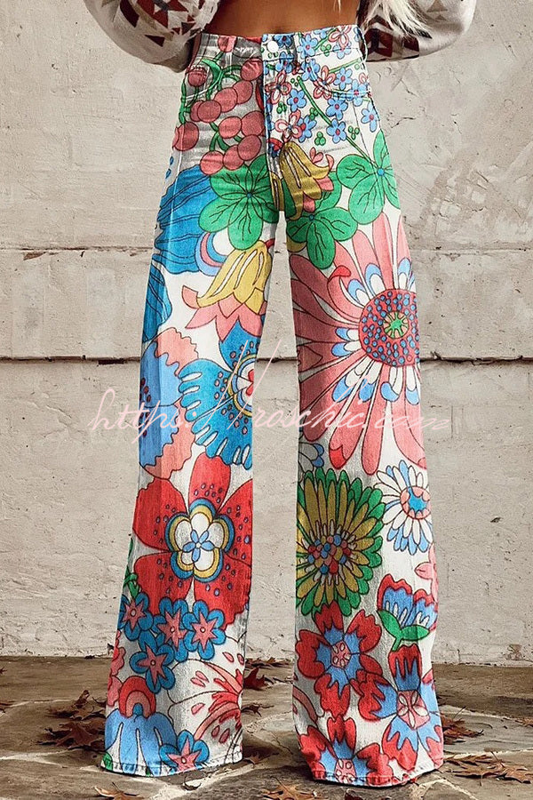 Unique Print Button Pocket Wide Leg Pants