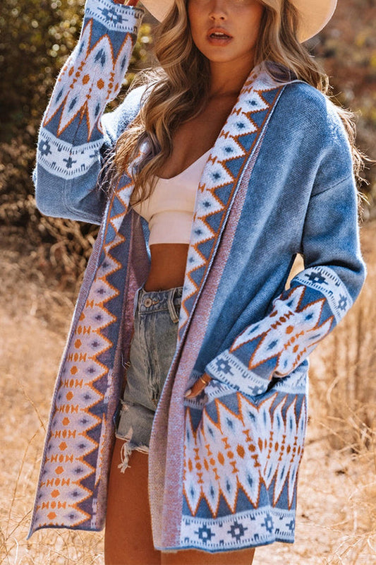 Vzyzv Sweaters Blue Aztec Print Open Front Knitted Cardigan