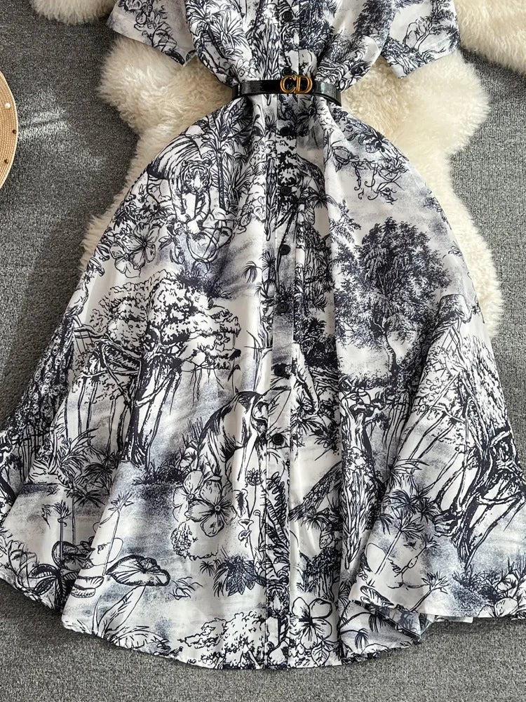 Summer Retro Shirt Dress Short Sleeved Lapel Single Breasted A-line Print Long Dresses Party Long Robe