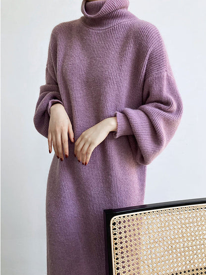 Urban Loose Purple High-neck Long Puff Sleeve Sweater Dress An1052