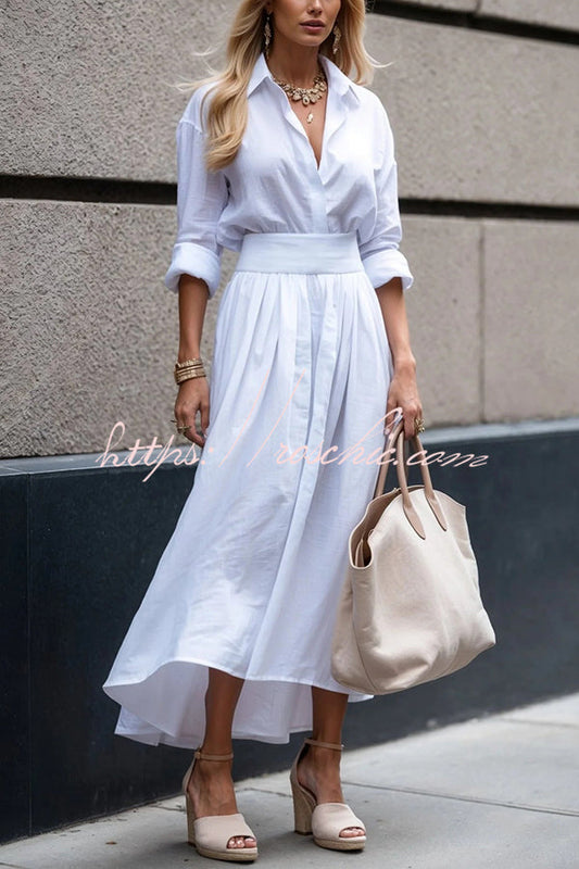 Color Lapel Long Sleeve Waist Midi Dress