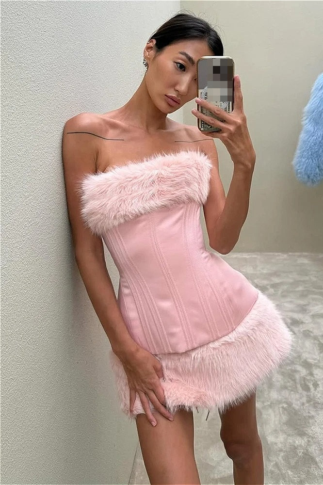 Fuzzy Paneled Tie Waist Mini Dresses