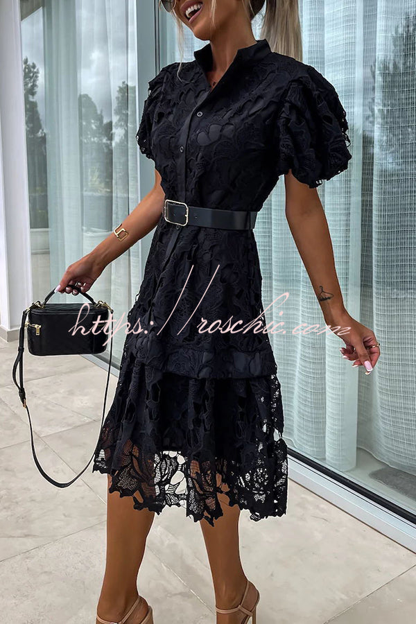 Absolutely Crochet Lace Puff Sleeve Belted Shirt Midi Dress