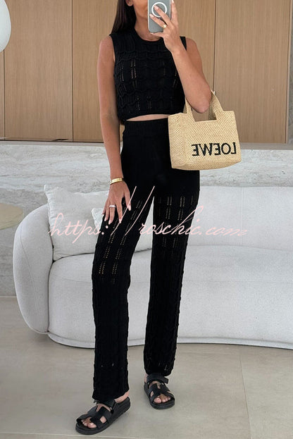 Color Hollow Sleeveless Round Neck Knitted Vest and Stretch Straight Pants Set