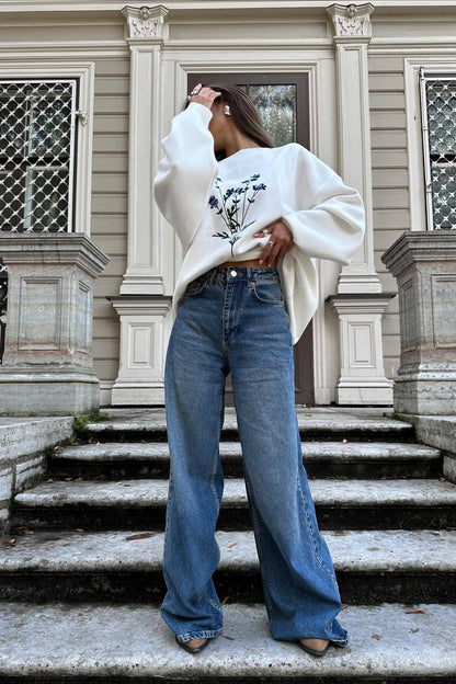 Embroidered Long Sleeve Knit Sweater