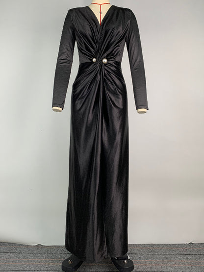 Color Bodycon Long Sleeves Pleated Split-front Tied Waist Deep V-neck Maxi Dresses