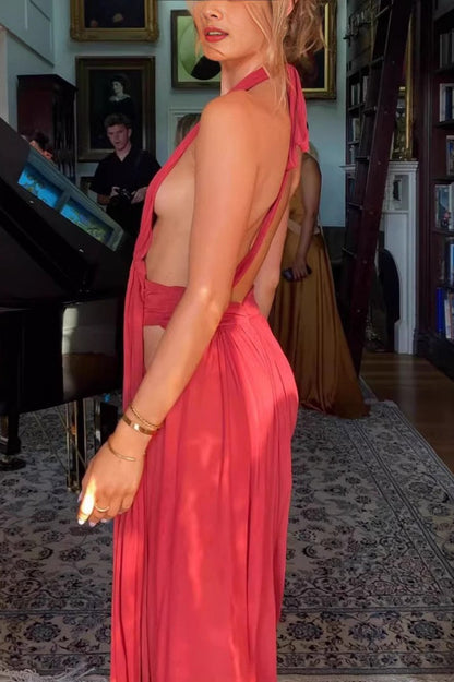 French Backless Halter V-neck Maxi Dress