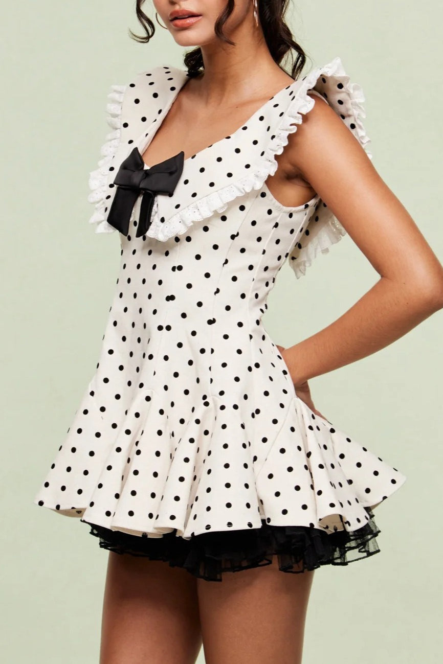 Polka Dot Bow Collar Ruffled Mini Dress