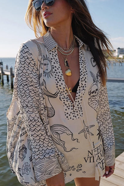 Live by Water Satin Unique Letter Print Tassle Shirt and Elastic Waist Shorts Set
